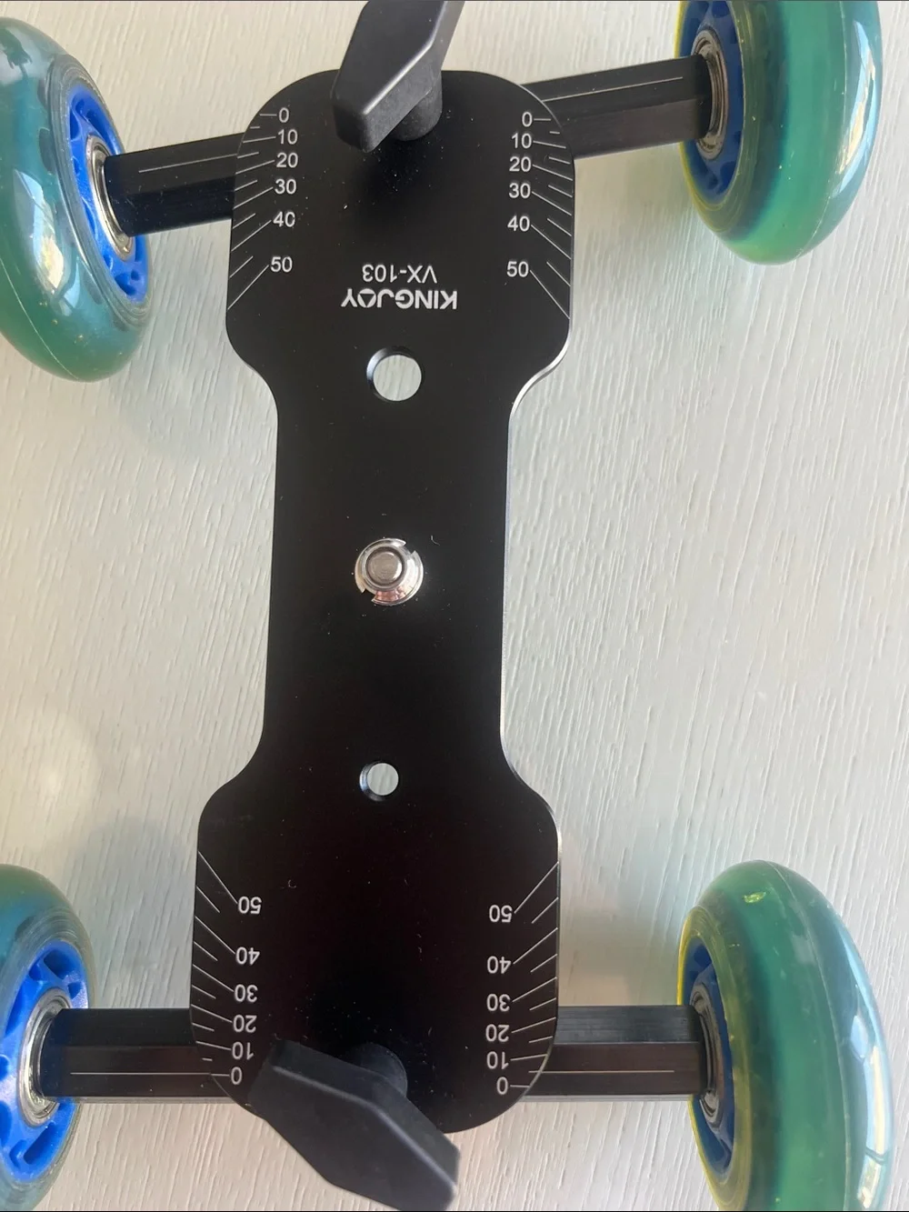 Compact Camera Dolly with Green and Blue Wheels - Black Frame